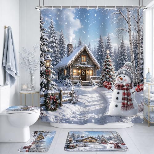 Riyidecor Christmas Snowman Bathroom Shower Curtain Set with Rugs, White, 72" x 72" - 4 Pieces