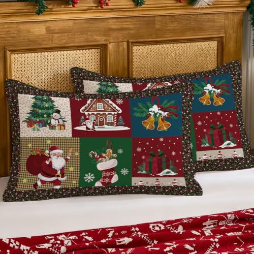 Luxudecor Christmas Patchwork Pillowcases Set of 2 20x28 Inches Red & Green
