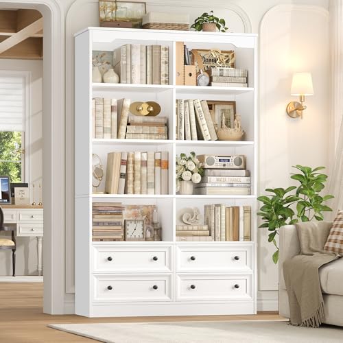 71-Inch Tall Double Wide Bookshelf with 4 Drawers, Modern White Storage Unit