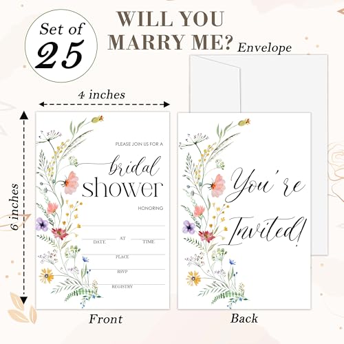 25 Colorful Wildflower Bridal Shower Invitations with Envelopes 4x6