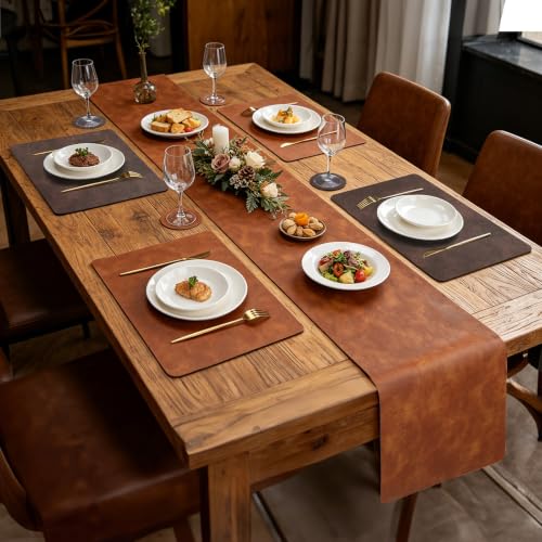 Reversible Faux Leather Farmhouse Table Runner 12" x 54" Terracotta & Coffee Brown