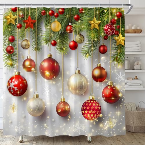 Christmas Ball Shower Curtain Set 70x70 in Red Green Pine Snowflakes with Hooks - HYKHYK