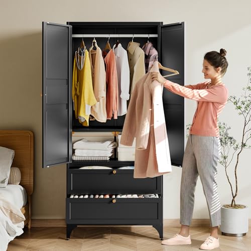 71-Inch Tall Metal Wardrobe Closet with 2 Drawers and Hanging Rod