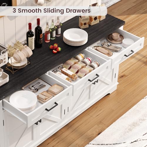 Large Farmhouse Sideboard Buffet Cabinet with 4 Doors and 3 Drawers, White