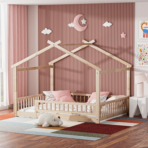 Full Size House Bed with Fence, Solid Wood Montessori Floor Bed Frame