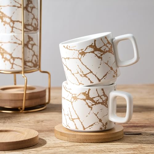 LUKA White Marbling Porcelain Espresso Cup & Saucer Set with Metal Stand - 4oz Stackable Demitasse Coffee Mugs for Latte, Tea, Mocha - Set of 4