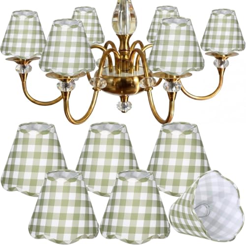 Gerrii 6 Pcs Scalloped Lampshades Green Plaid for Chandeliers – E12 Clip-On