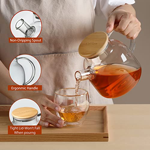 CNGLASS Stovetop Safe Glass Teapot 40.6oz with Double Walled Coffee Mugs 10oz (2 Pack)