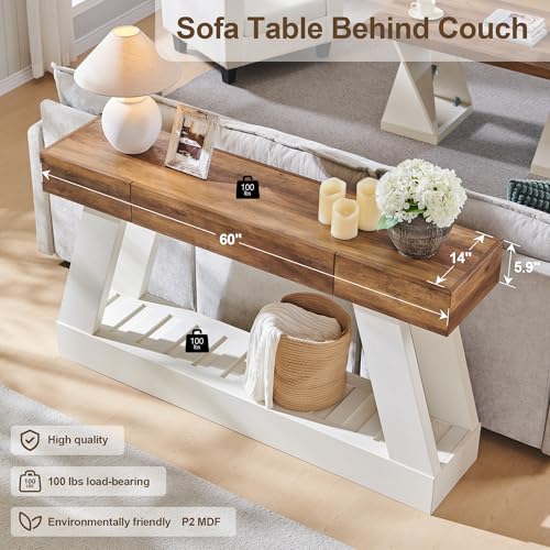 60-Inch Farmhouse Console Table with Drawer and Storage Shelf, Antique White