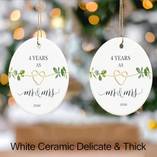 4th Anniversary Ornament - 2.9" White Ceramic Hanging Ornament for 4 Year Anniversary