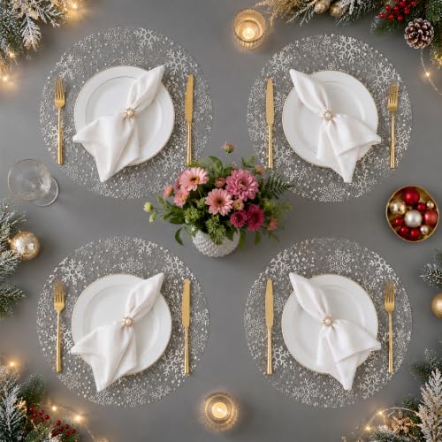 Silver Winter Snowflake Placemats 25-Pack, Disposable Mesh Round Mats