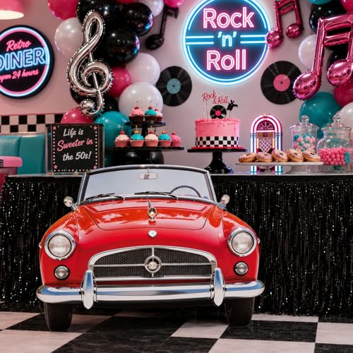 Retro 1950s Red Car Cardboard Cutout, 2.7ft Photo Prop for Theme Parties