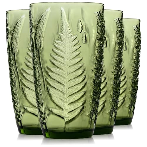 Green Glass Drinking Set of 4 16 oz Vintage Fern Glassware - Dishwasher Safe