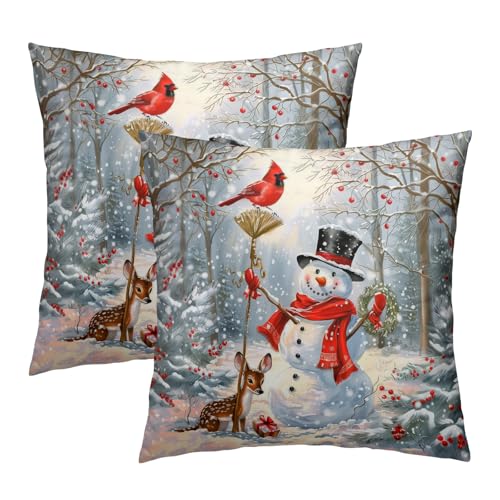 Giwawa Snowman & Red Bird 18x18 Throw Pillow Covers Set of 2 – Winter Cushion Covers