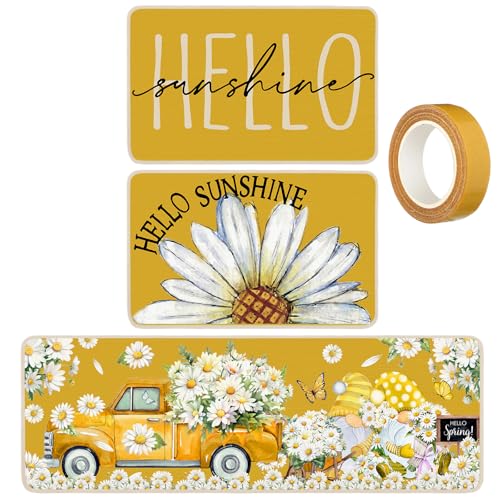 3-Piece Yellow Daisy Kitchen Rug Set, Non-Slip Washable Floral Floor Mats
