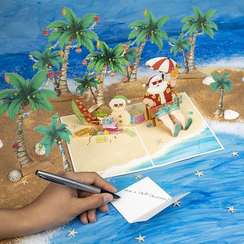 Tropical Santa Pop Up Card – 5x7 with Envelope | Includes Tropical Beach Scene Card (Variation: Tropical Santa) by POPWOW