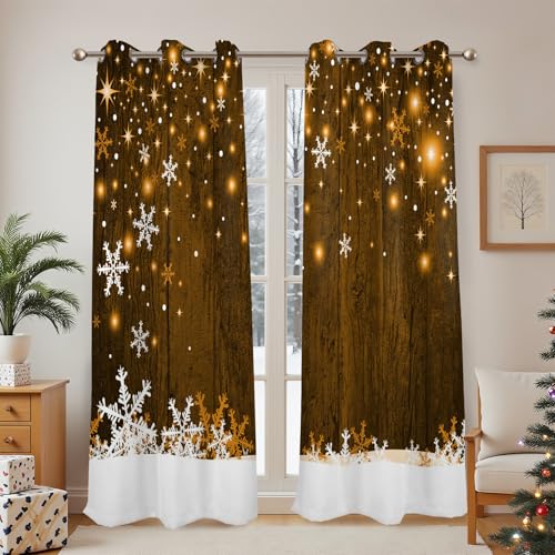 Brown Wood Grain Snowflake Christmas Window Curtains 2 Panels 42W x 84L
