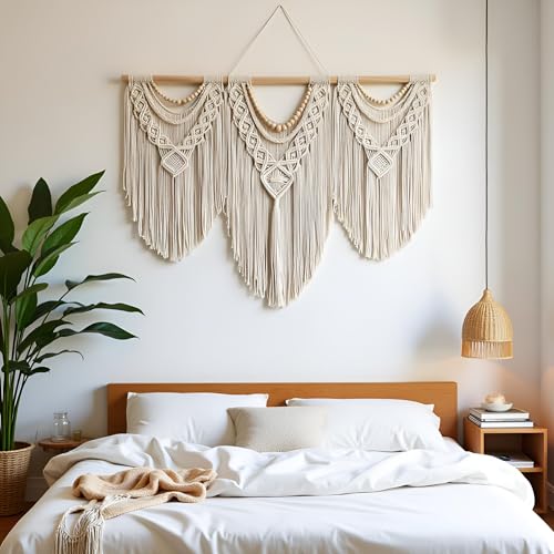 Large Macrame Wall Hanging Woven Boho Tapestry Decor with Wood Beads - 43" x 32"