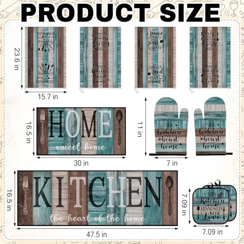 10-Piece Farmhouse Kitchen Decor Set, Turquoise Teal Towels, Rugs & Mitts