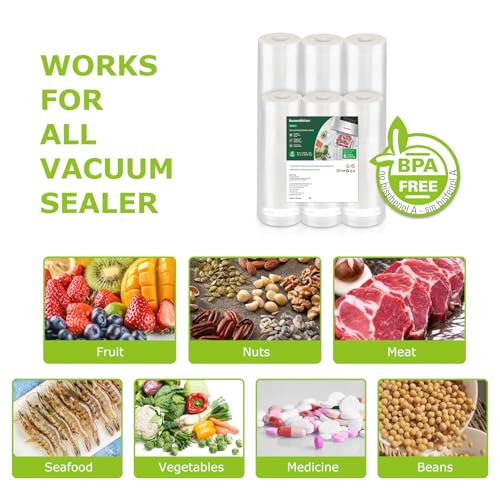 Vacuum Sealer Rolls 6 Pack, 11"x20' & 8"x20' BPA-Free Food Storage Bags