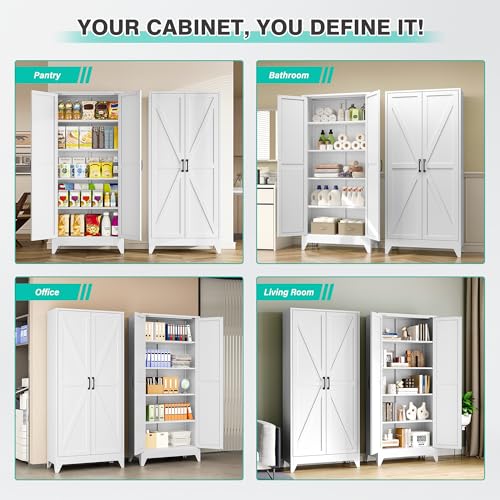 75" Tall Kitchen Pantry Cabinet - White Metal Farmhouse Storage Cupboard