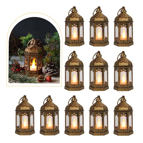 Mini LED Lanterns - 8 Pcs Vintage Brown Hanging Candle Lights