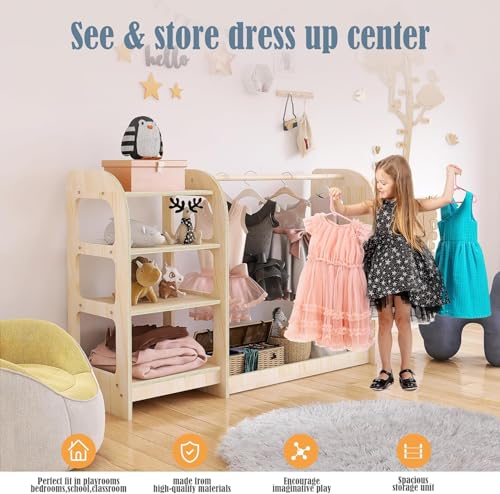 Kids Dress Up Storage Wardrobe with Mirror and Shelves - Wooden Kids Closet Organizer