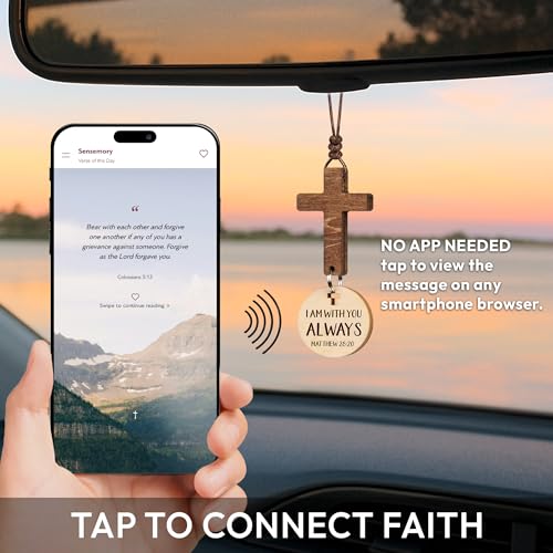 Wooden Car Rearview Mirror Cross Ornament with Daily Scripture Scan