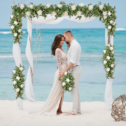 2Pcs 13Ft Eucalyptus Garlands with 8 White Roses - Faux Floral Decor for Weddings and Events