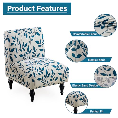 Stretch Spandex Armless Accent Chair Slipcover - Blue Leaves