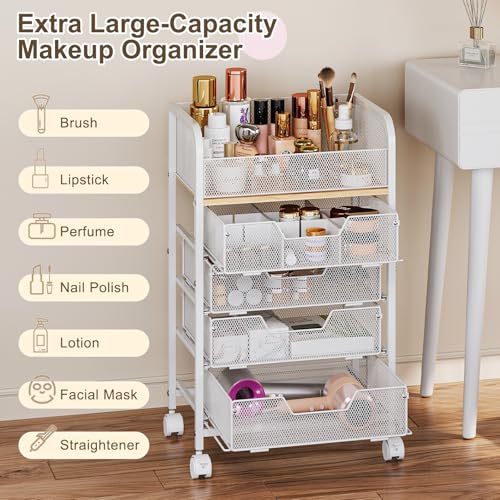 Hongtamoya White 4-Drawer Makeup Cart Organizer with Wheels & Top Display