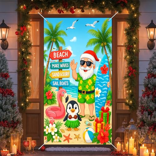 Christmas Surfboard Santa Door Cover Banner 71 x 35 Inches Holiday Decor