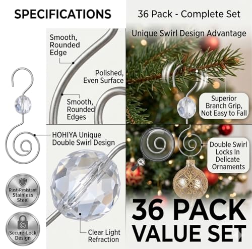 Silver Ornament Hooks with Crystal Accent - 36 Pack Stainless Steel Tree Hangers