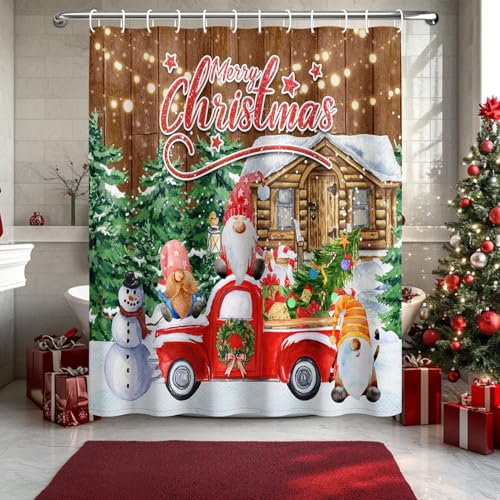 DASHAN Christmas Gnomes Shower Curtain 72x72 Red/Brown — Waterproof Farmhouse Xmas Decor