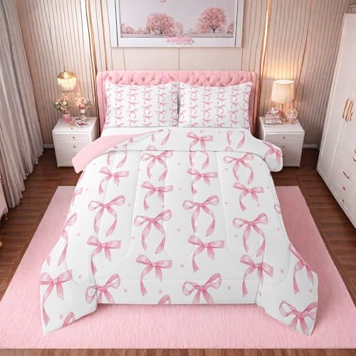 Twin Size Pink Bow Comforter Set, Cute Ribbon Bedding for Girls