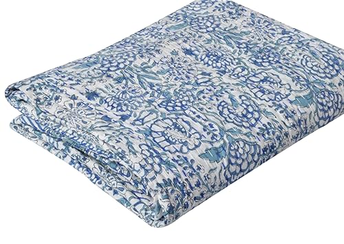 Queen Size Kantha Quilt - Pure Cotton Floral Throw Blanket 90x108