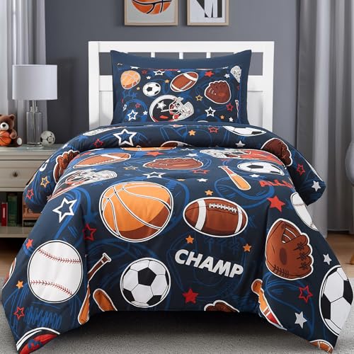 Glow in the Dark Sports Ball Twin Comforter Set - 5-Piece Boys Bed in a Bag