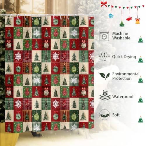 Farmhouse Checkerboard Christmas Shower Curtain Winter Decor 72x72 Inch - Christmas Patchwork