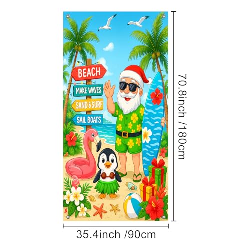 Christmas Surfboard Santa Door Cover Banner 71 x 35 Inches Holiday Decor