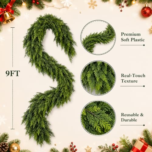 DLPL 9 Ft Cedar Garland - Real Touch Christmas Decor for Mantle (1 Pack)