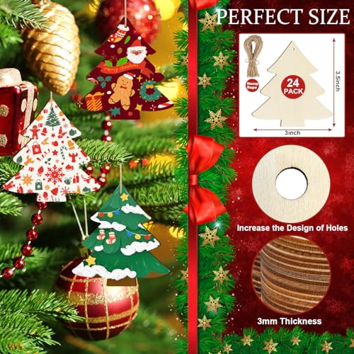 Sophena Christmastree Wooden Ornaments to Paint 3.5 Inch Unfinished DIY Christmas Holiday Decorations, 24PCS