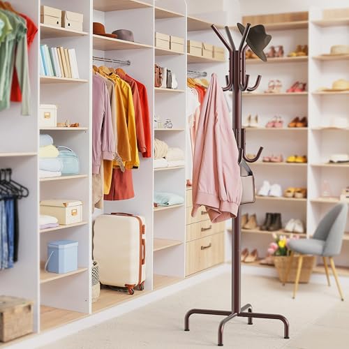 Standing Coat and Hat Rack, 12-Hook Metal Organizer, Bronze Finish