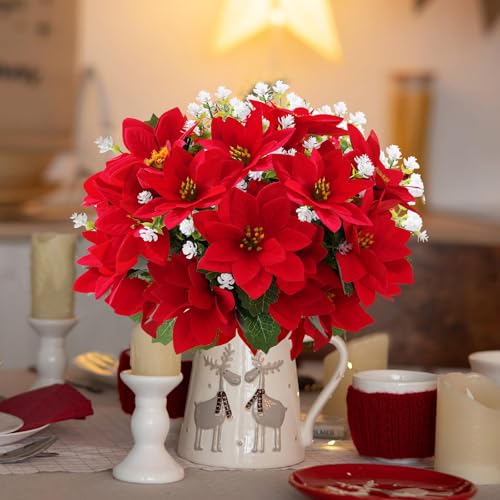 ZYZEV 14'' Artificial Poinsettias and Eucalyptus 12 Bunches Red - UV-Resistant Outdoor