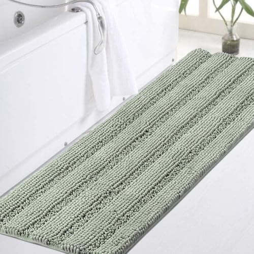 Turquoize Sage Green Chenille Bathroom Rug Runner, 47x17 Non-Slip Bath Mat