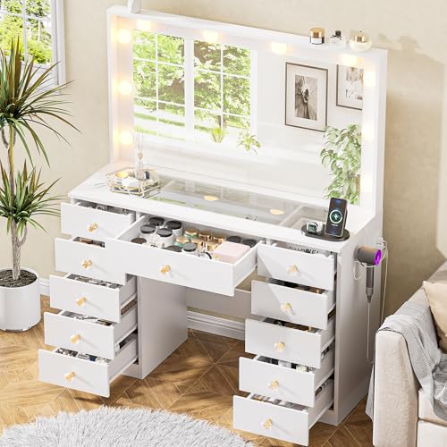 Vanity Desk with Large Lighted Mirror, 11 Drawers and Power Outlet