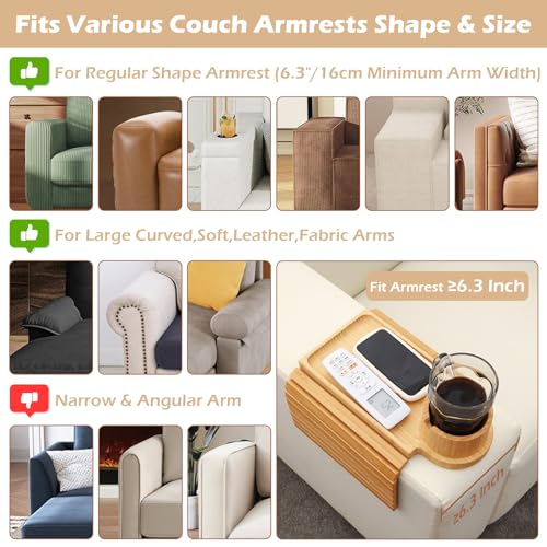 Bamboo Couch Arm Tray with 360° Rotating Cup Holder and Phone Stand