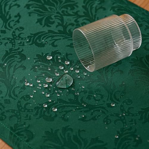 Joyfol Day 14x60 Inch Jacquard Green Damask Table Runner, Waterproof Xmas Holiday