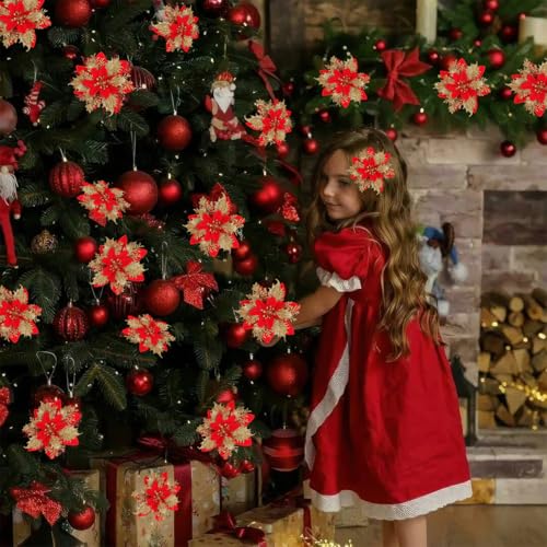 BASEMMAHER 12 Pcs Christmas Glitter Poinsettia Flowers with Clips & Stems - Red Gold