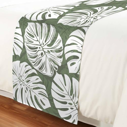Tropical Palm Leaf Bed Runner - Satin Decorative Scarf for Twin Beds, 71x20"