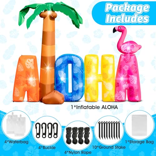 7FT Inflatable Aloha Sign with Palm Tree & Flamingo, LED Luau Party Decor